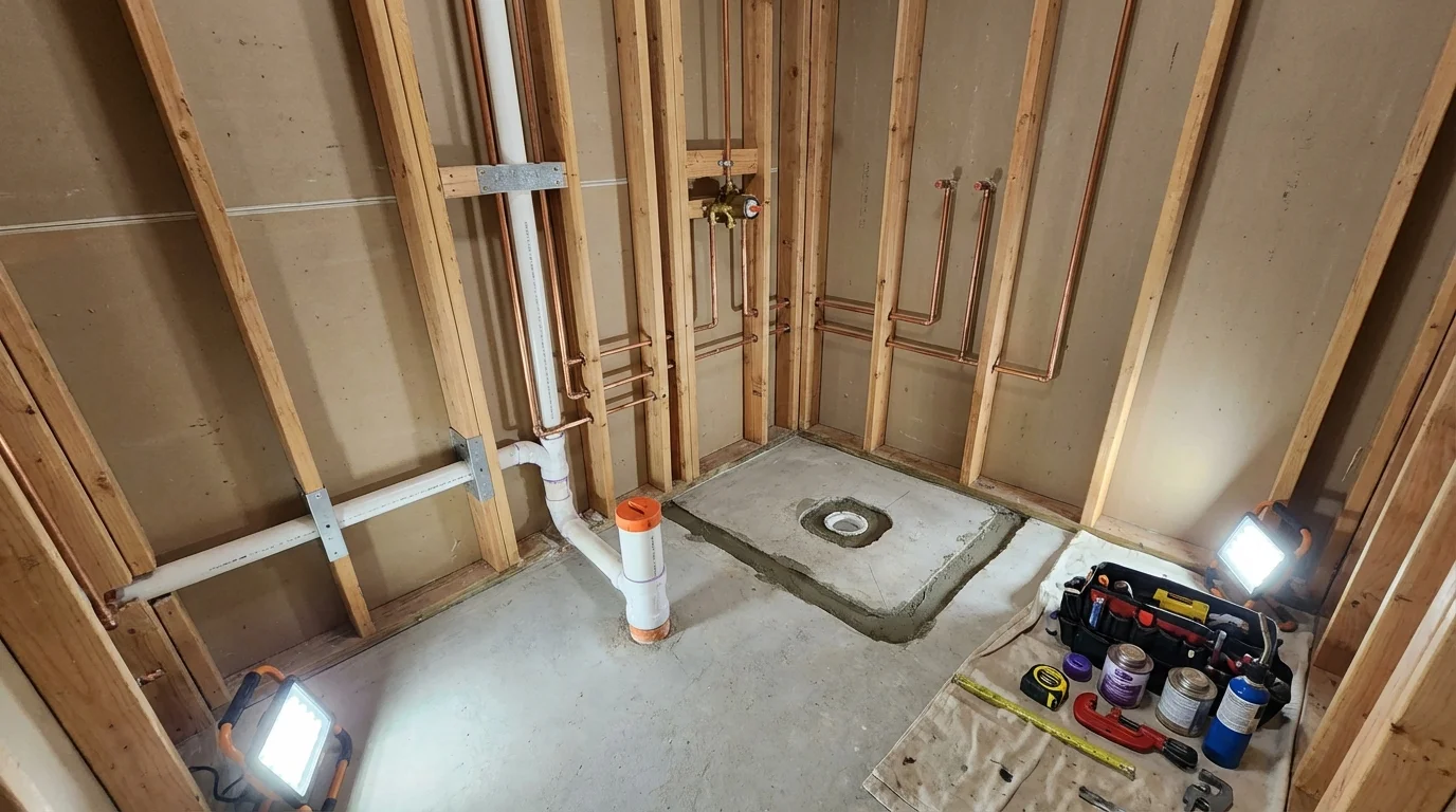 Bathroom rough-in plumbing during remodel by Johns Plumbing LLC in Bridport