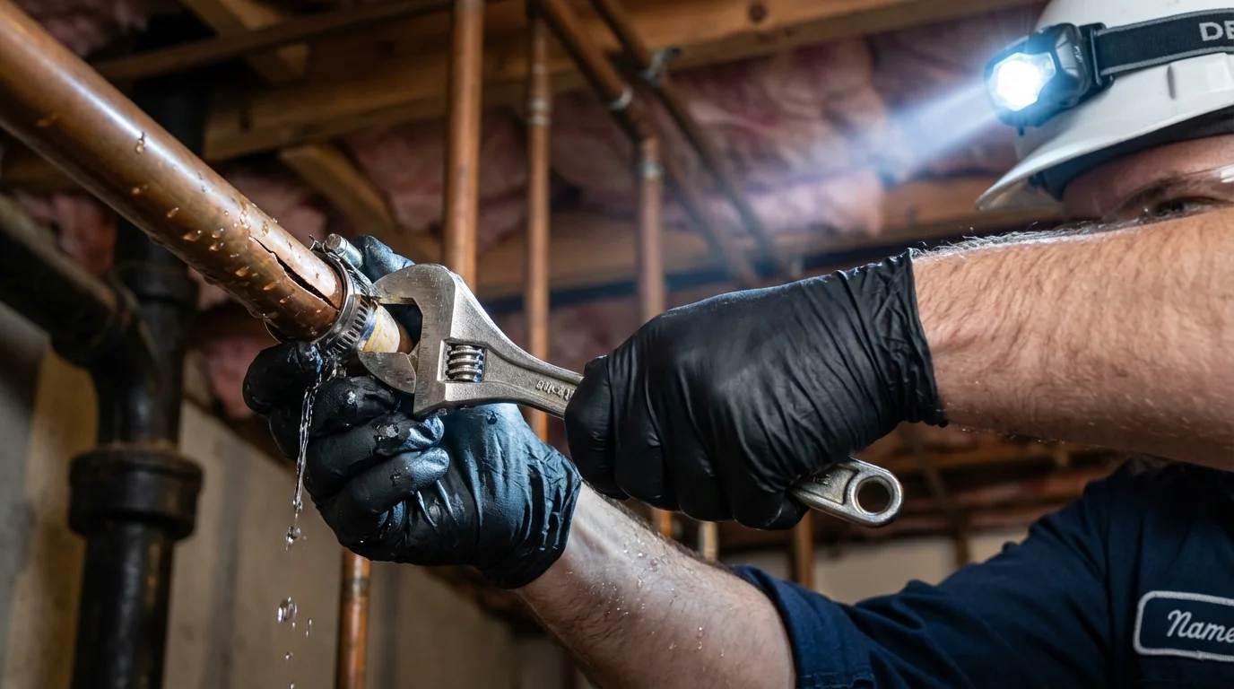 Emergency pipe clamp repair being performed by a Johns Plumbing LLC plumber in Bridport