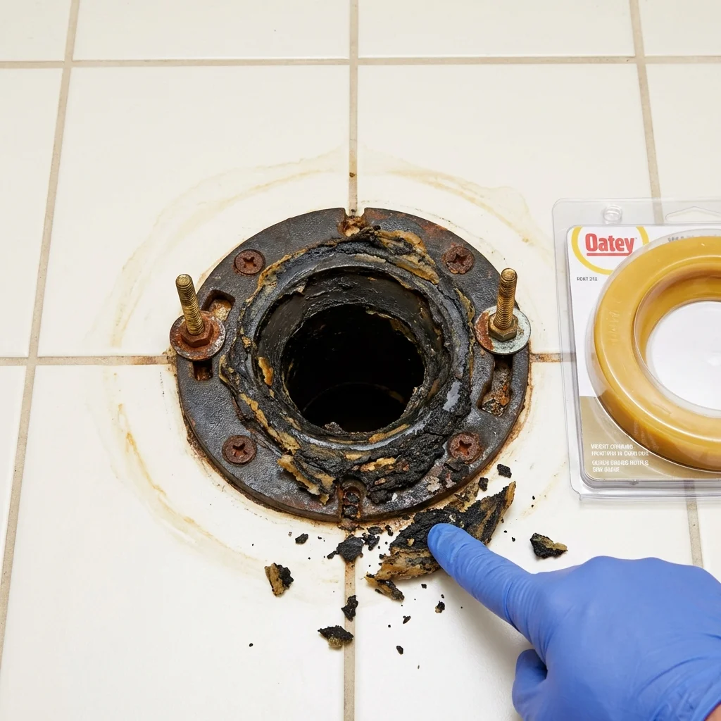 Failed wax ring showing water seepage at the base of a toilet in a Bridport, VT home