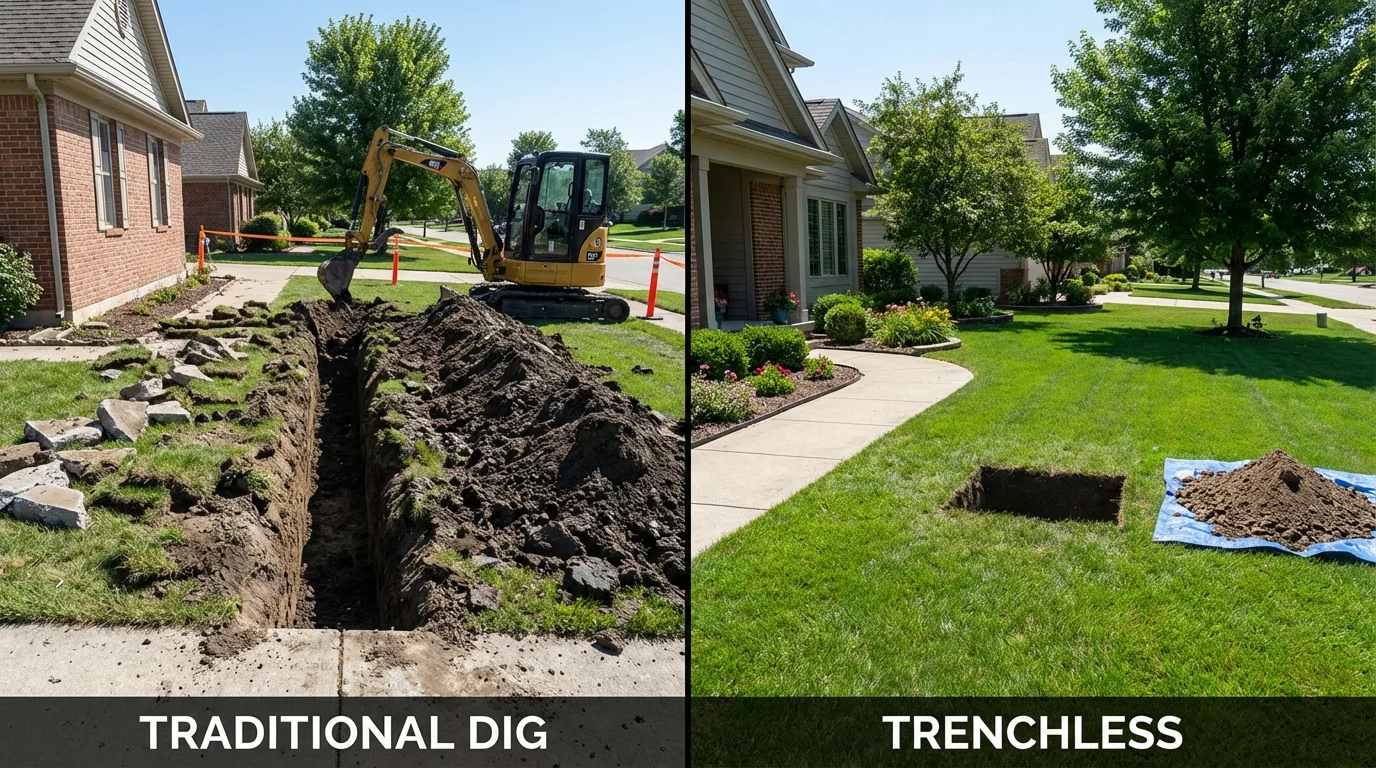 Trenchless sewer repair with minimal yard damage versus traditional excavation in Bridport, VT