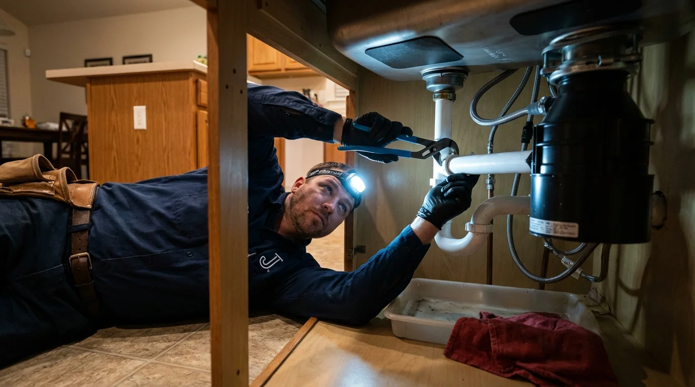 P-trap and supply line connections under a kitchen sink showing a common leak point in Bridport, VT
